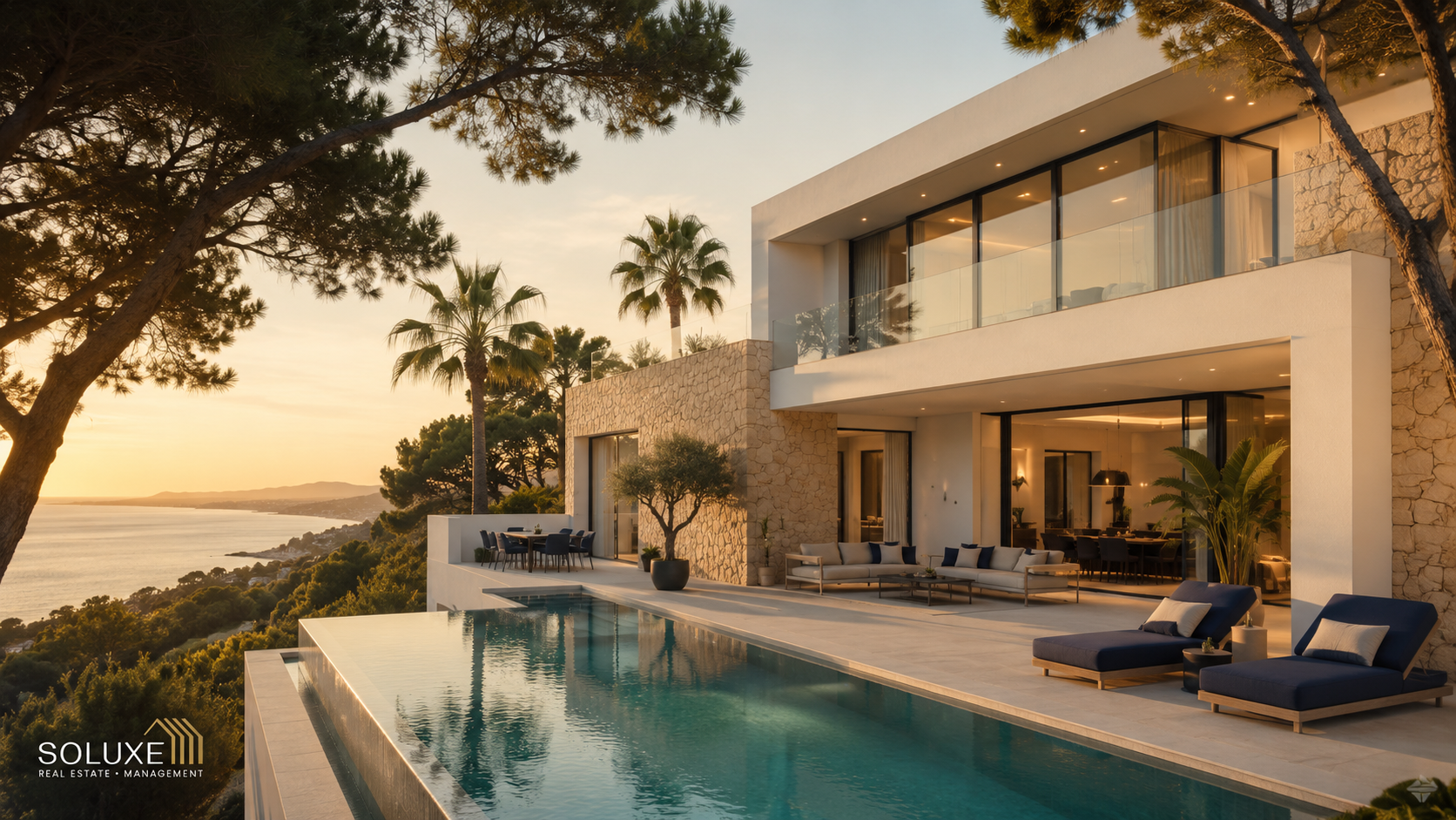 Modern luxury villa with infinity pool and sea view at sunset in Mallorca — SOLUXE Estates property management