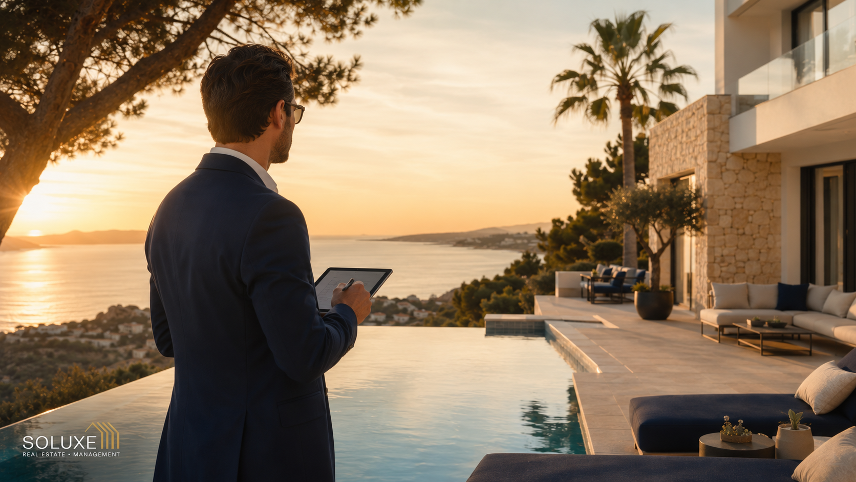 Property manager with tablet inspecting a luxury villa terrace in Mallorca at sunset - SOLUXE Estates