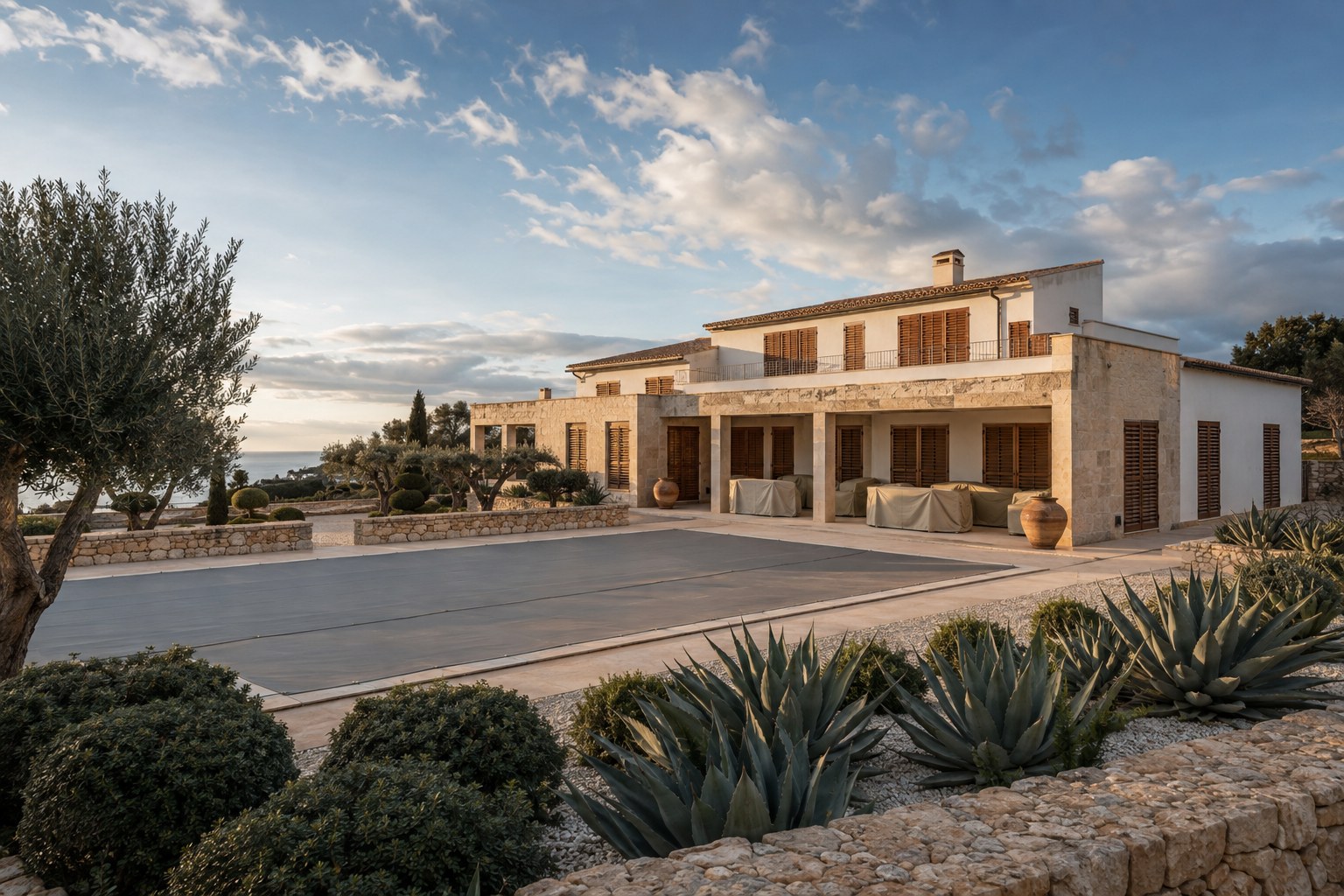 Luxury villa in south-west Mallorca closed for the winter season, with shutters closed, the pool covered and terrace furniture protected