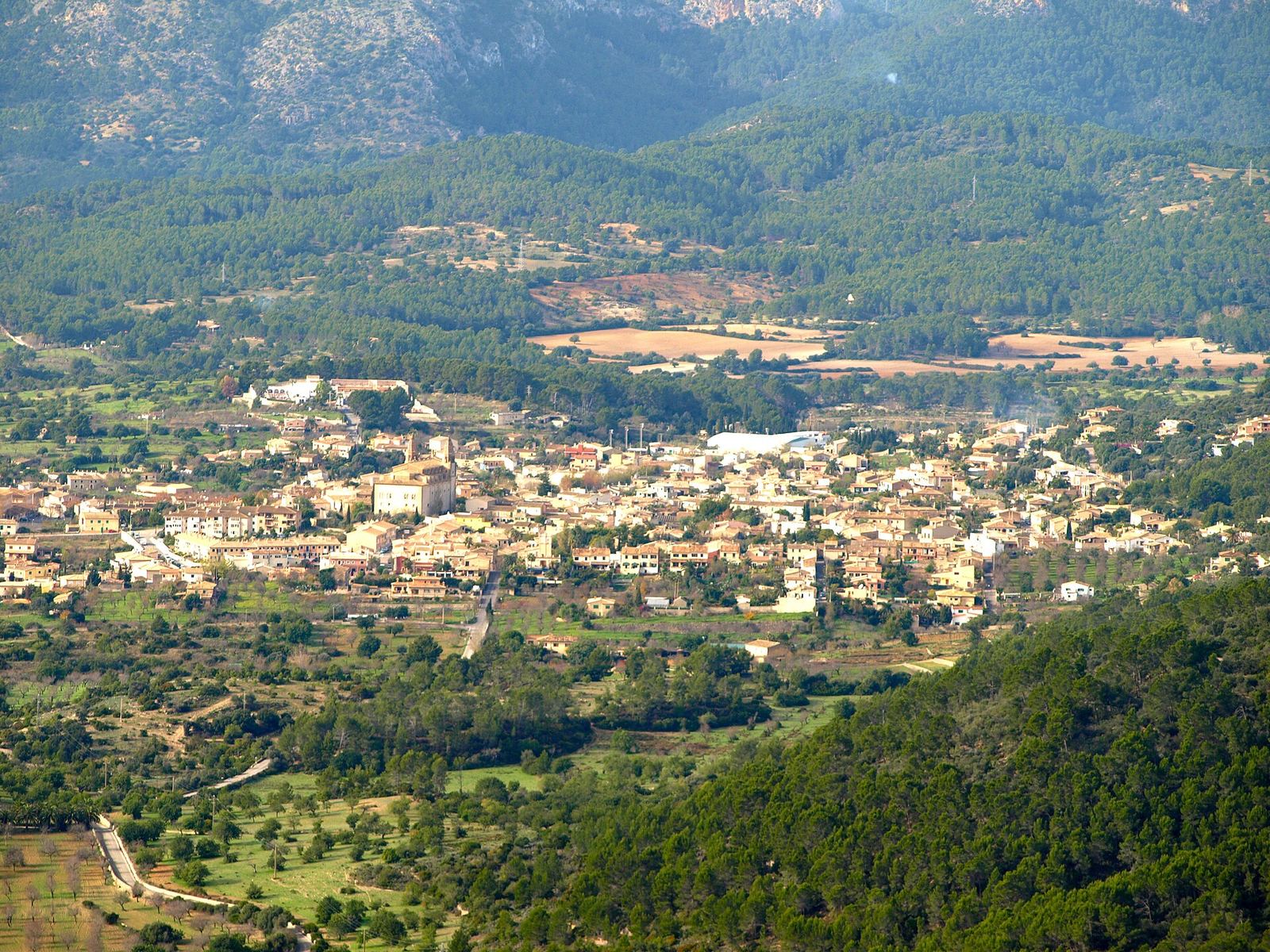 Aerial view of Calvià village at the foot of the Tramuntana, Mallorca