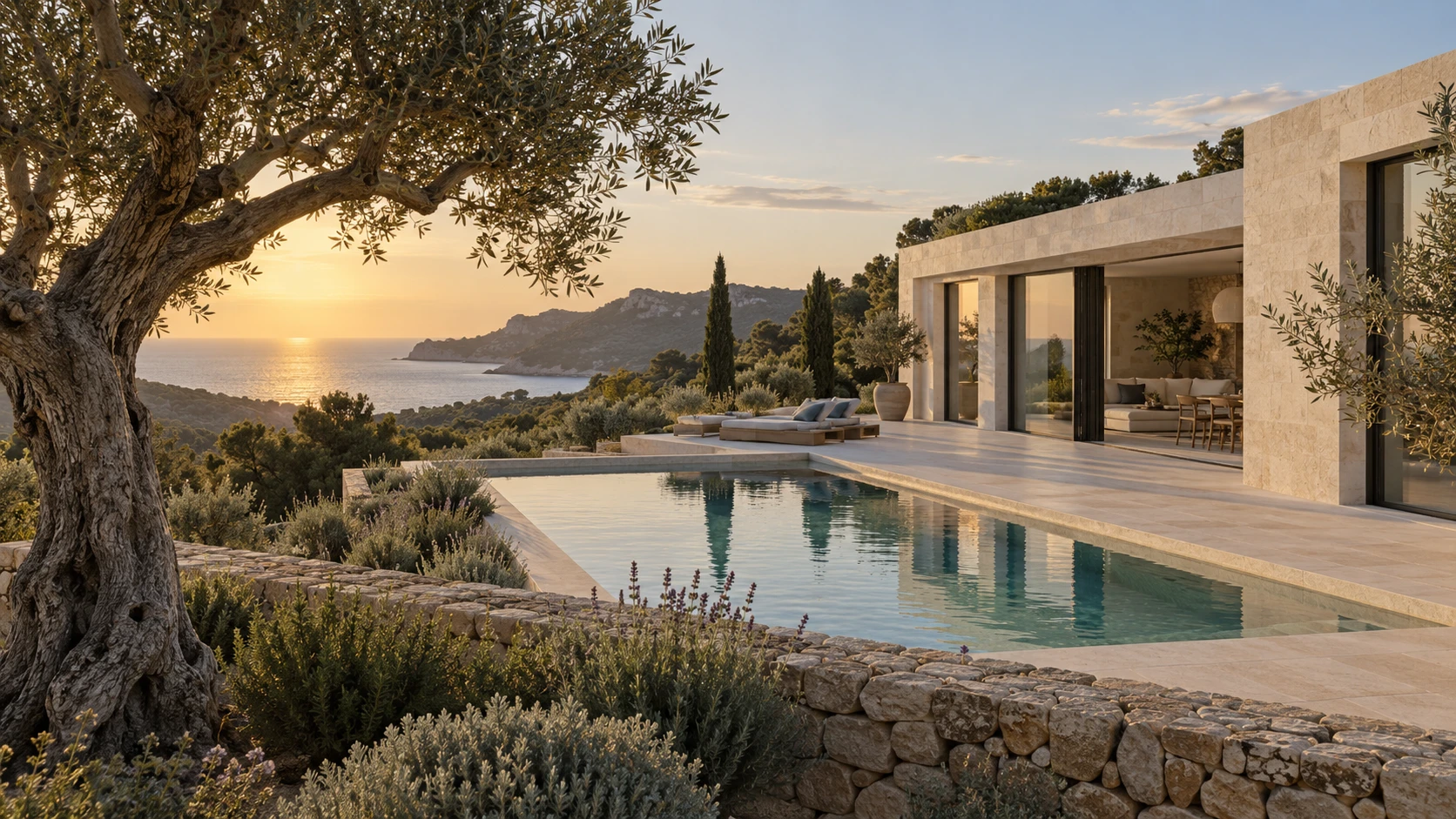 Contemporary limestone villa with pool and olive tree in south-west Mallorca at sunset